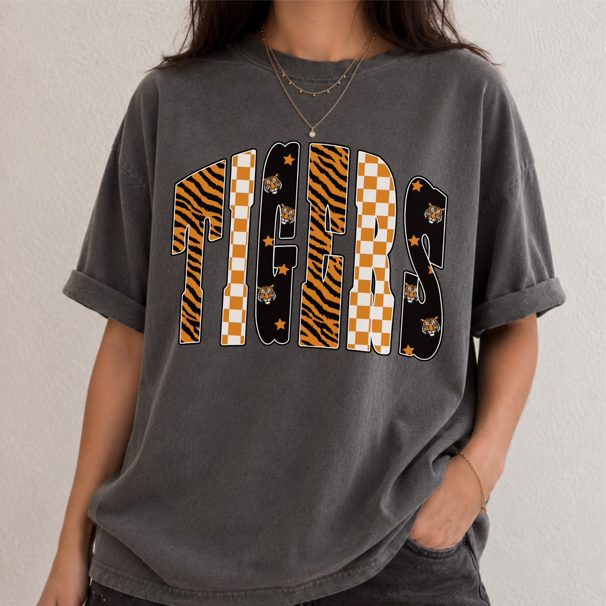 Retro Tigers PNG | Tiger Print Checkered Mascot Design