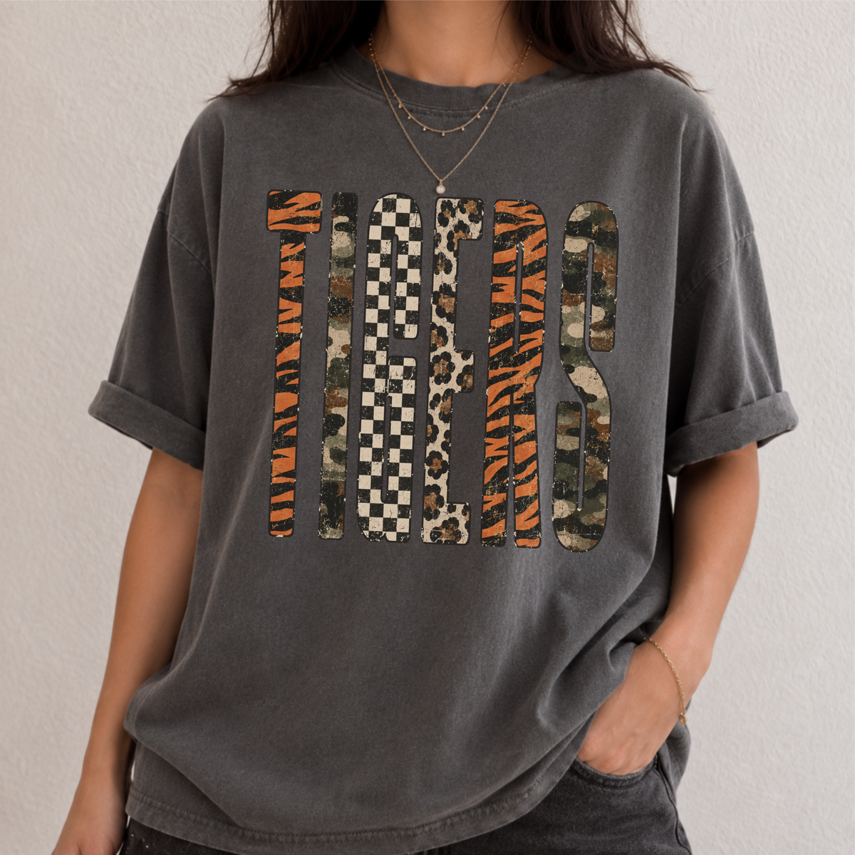 Vintage Tigers PNG | Distressed Tiger Print Camo Checkered Design